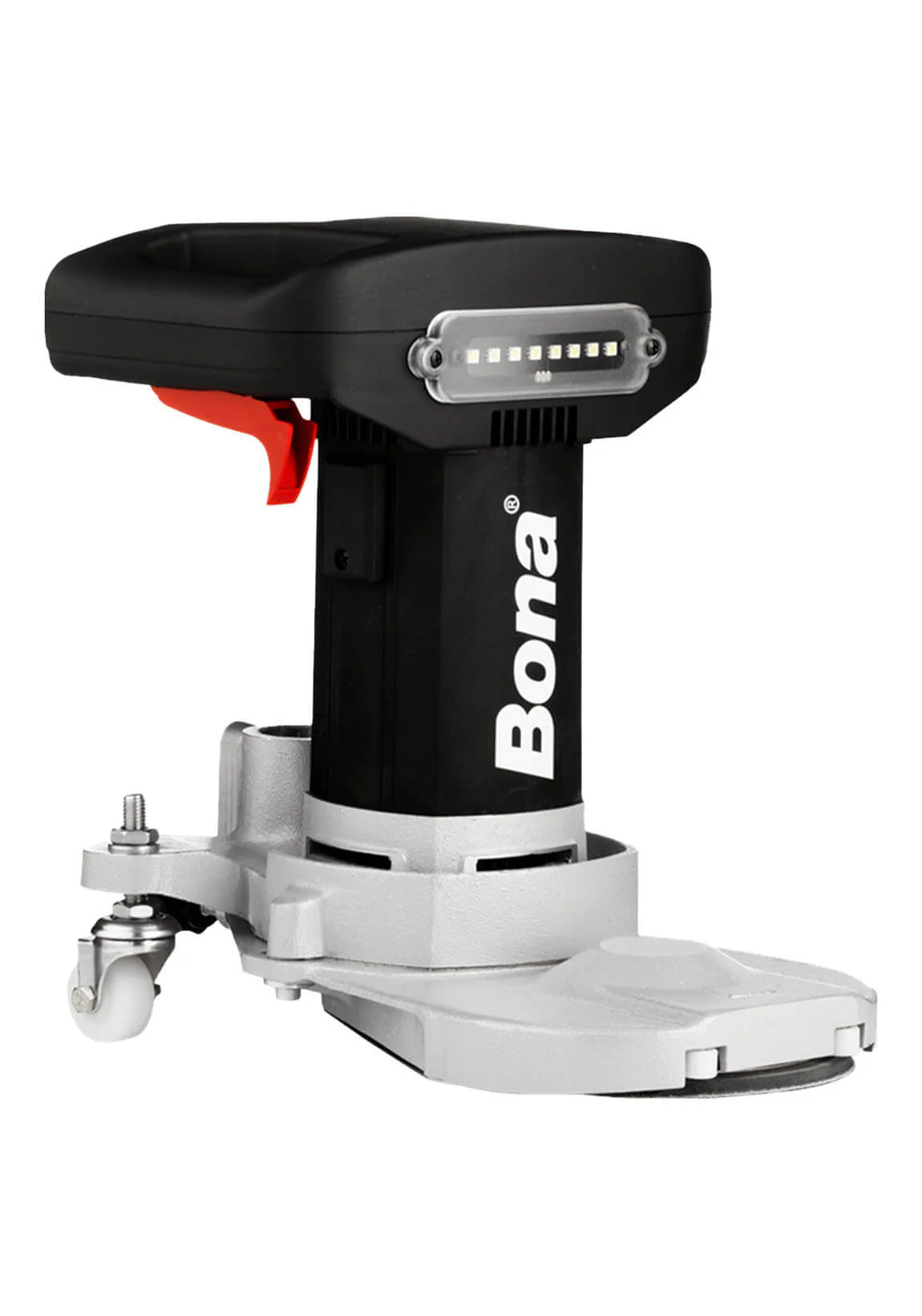 Cordless Bona floor buffer/polisher with a red trigger, mounted on a wheeled base for floor finishing