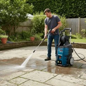 Man pressure-washing a stone patio in a sunny backyard, directing a spray from a blue pressure washer onto the pavement.