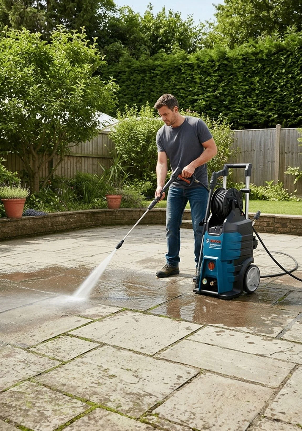 Man pressure-washing a stone patio in a sunny backyard, directing a spray from a blue pressure washer onto the pavement.