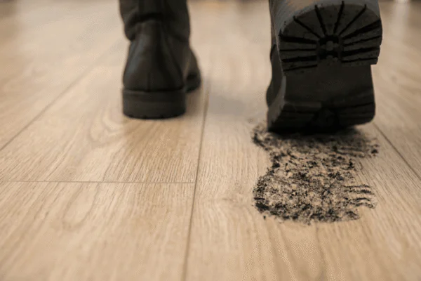 Close-up of a black boot stepping on a wooden floor, leaving a trail of black powder dust behind.