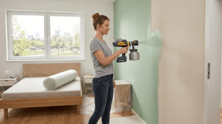 Woman using a paint sprayer to apply green paint to a bedroom wall.