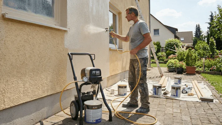 Man wearing a safety mask uses a spray gun to paint the exterior beige wall of a house, with a ladder and paint cans nearby.
