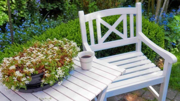 White wooden garden bench with a large flowering planter and a mug of coffee on a slatted table, surrounded by green shrubs and blue flowers. (informative)