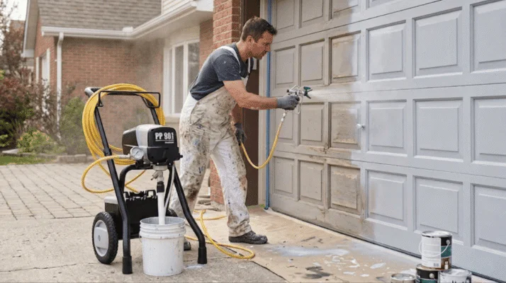 Worker in paint-splattered overalls uses a spray gun to paint a gray garage door, with a pressure washer and paint cans nearby outdoors used as equipment nearby.