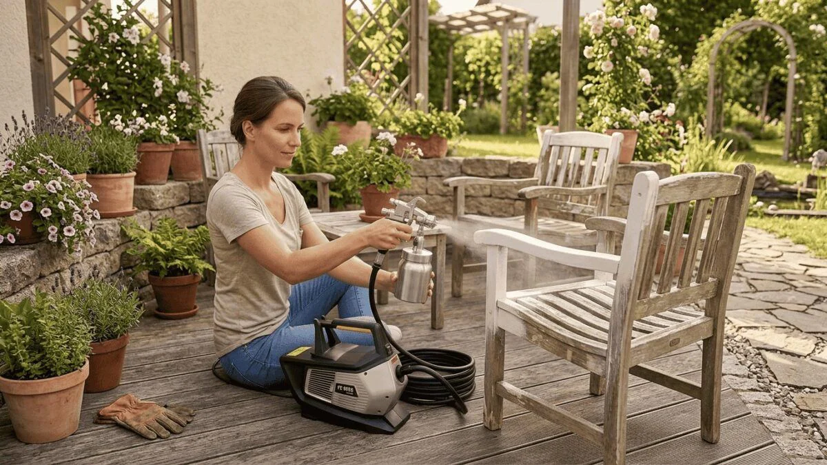 Woman sits on a wooden deck, using a paint sprayer to coat a weathered chair outdoors in a garden setting.