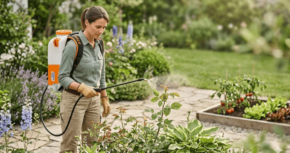 Gardener wearing a backpack sprayer misting plants in a sunny garden.