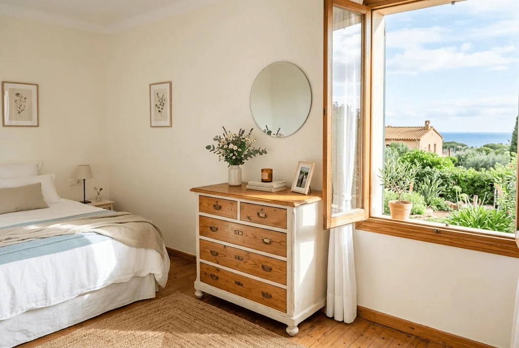 Cómoda de madera restaurada y barnizada junto a una ventana