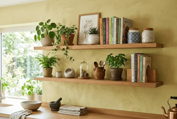 Estantería flotante de madera en cocina con plantas y libros de cocina