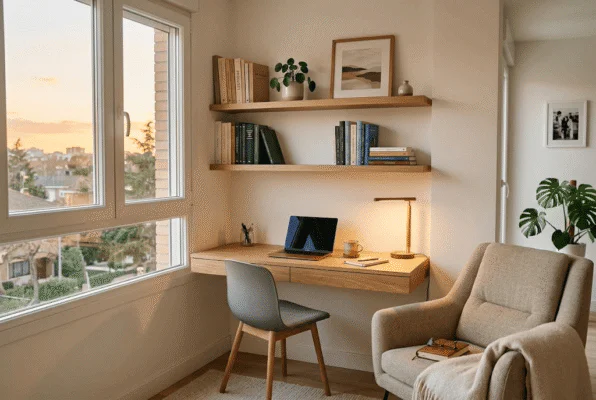 Rincón de lectura con estanterías flotantes sobre un escritorio