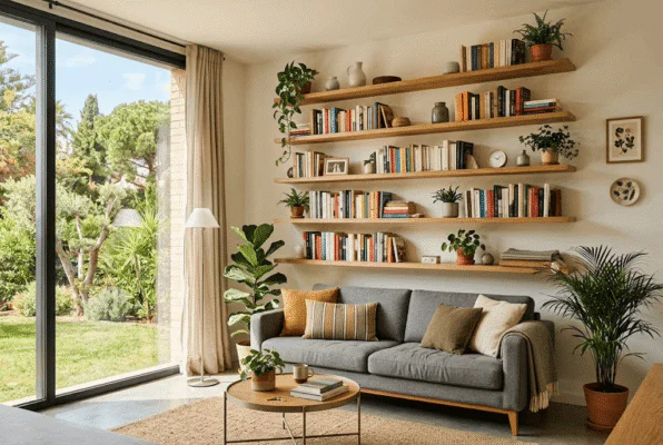 Salón moderno con estanterías flotantes de madera decoradas con libros y plantas