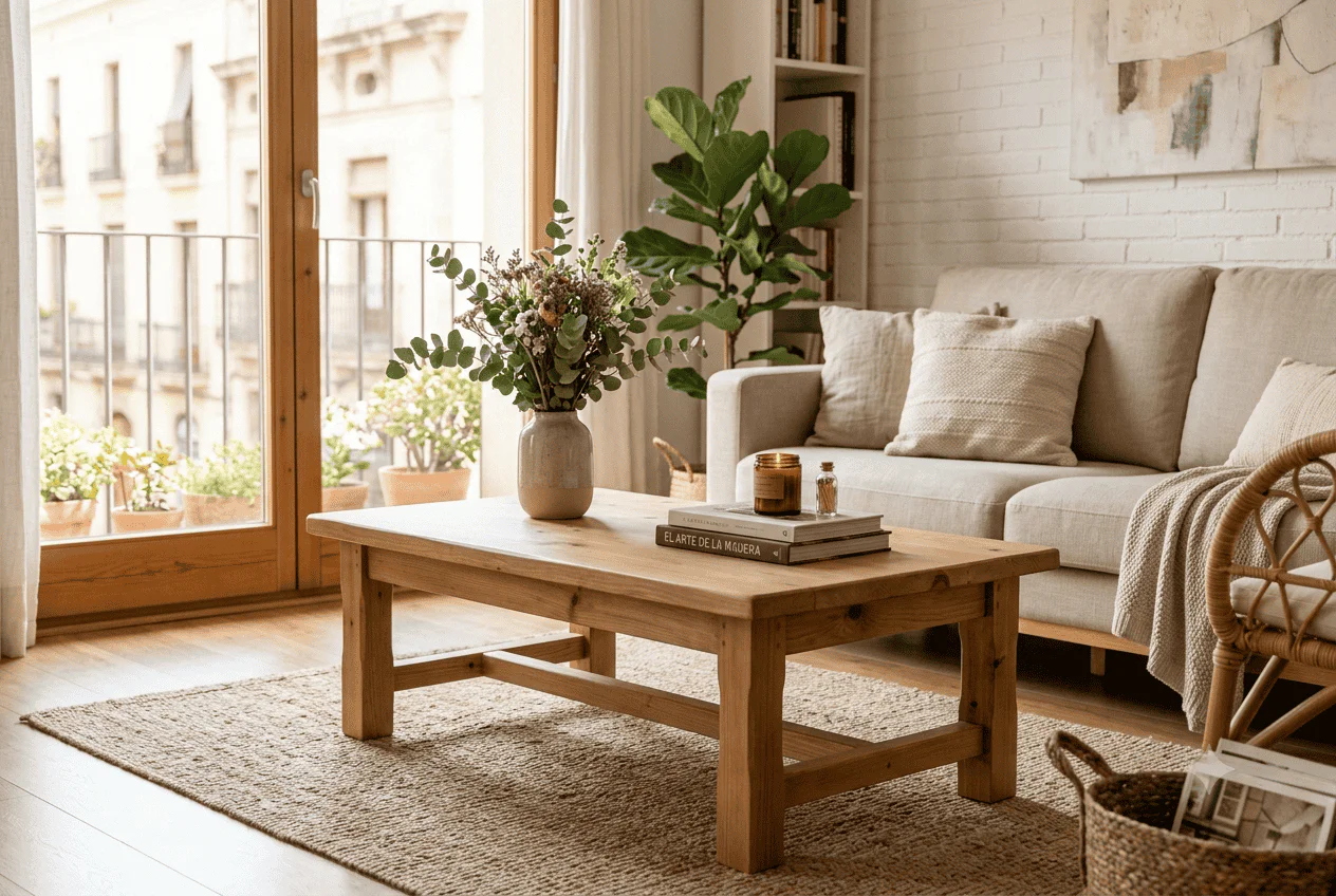 Mesa de centro de madera restaurada en un salón luminoso