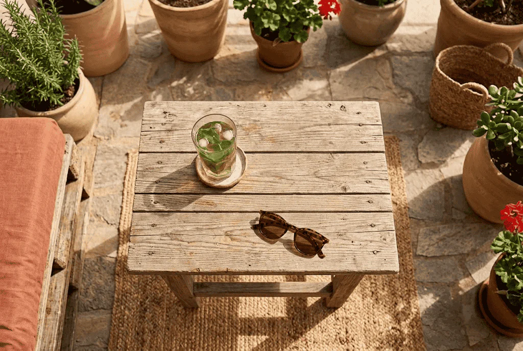 Mesa baja de palets en una terraza con bebida y libro, vista cenital