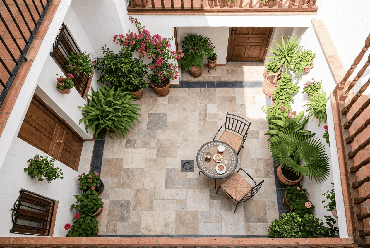 Patio interior con suelo de baldosas recién colocadas y plantas en macetas