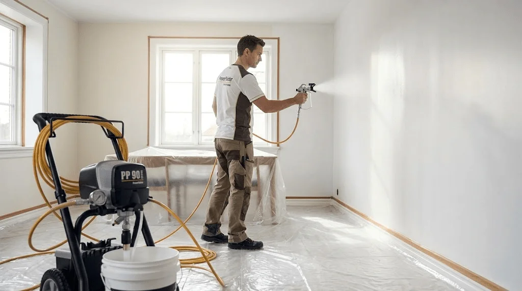 Painter using a sprayer to paint a room with a plastic-covered floor