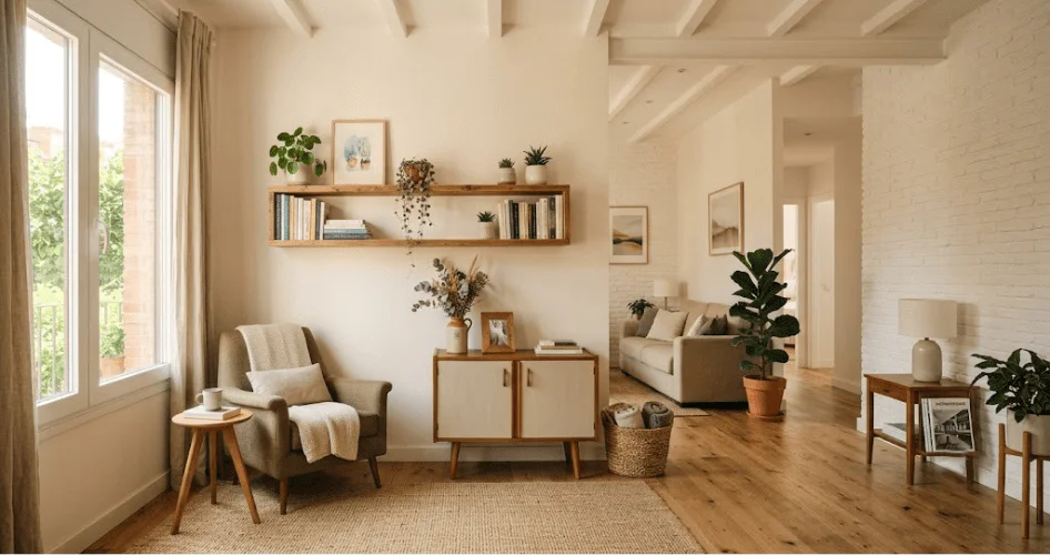 Bright, airy living room with a green armchair, woven rug, and shelves of books and plants by a large window in natural light.