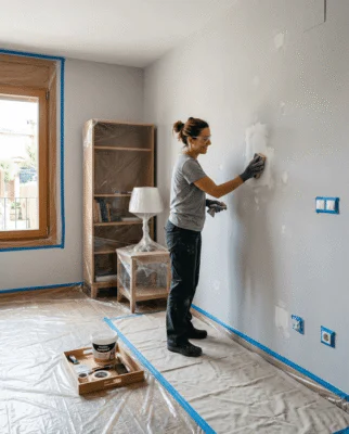 Habitación protegida y preparada antes de pintar las paredes