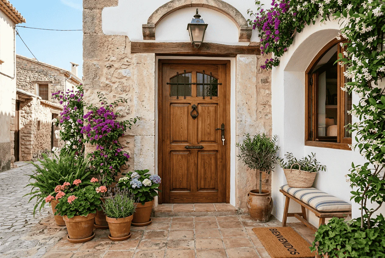 Puerta de madera restaurada y repintada en la entrada de una casa