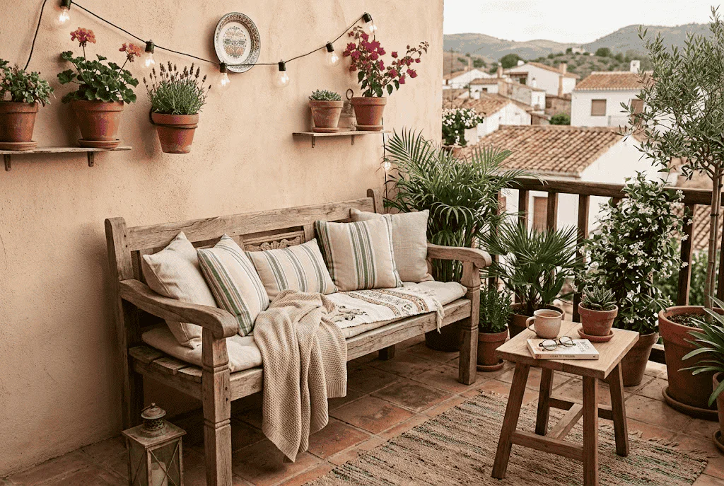 Sofá de palets de madera en una terraza de verano con cojines y plantas