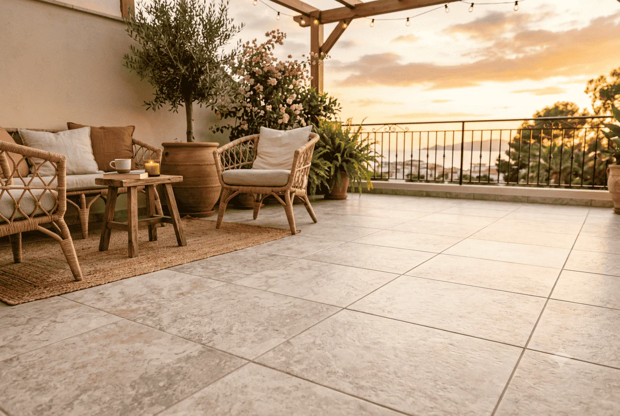 Terraza renovada con suelo de baldosas nuevas y mobiliario de exterior
