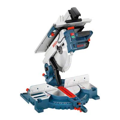 Bosch compound miter saw with blue body and red trigger, ready for crosscuts on a teal base fence.