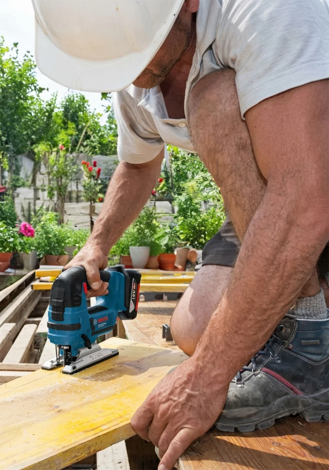 Construction worker in a white hard hat cutting a wooden plank with a blue cordless jigsaw on an outdoor deck.