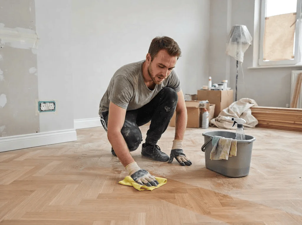 Man crouching on a parquet floor, cleaning with a yellow cloth during a home renovation.