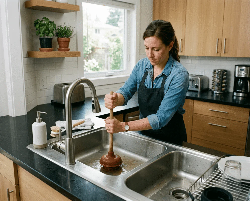 Woman in a denim shirt and apron plunging a kitchen sink drain in a modern kitchen.