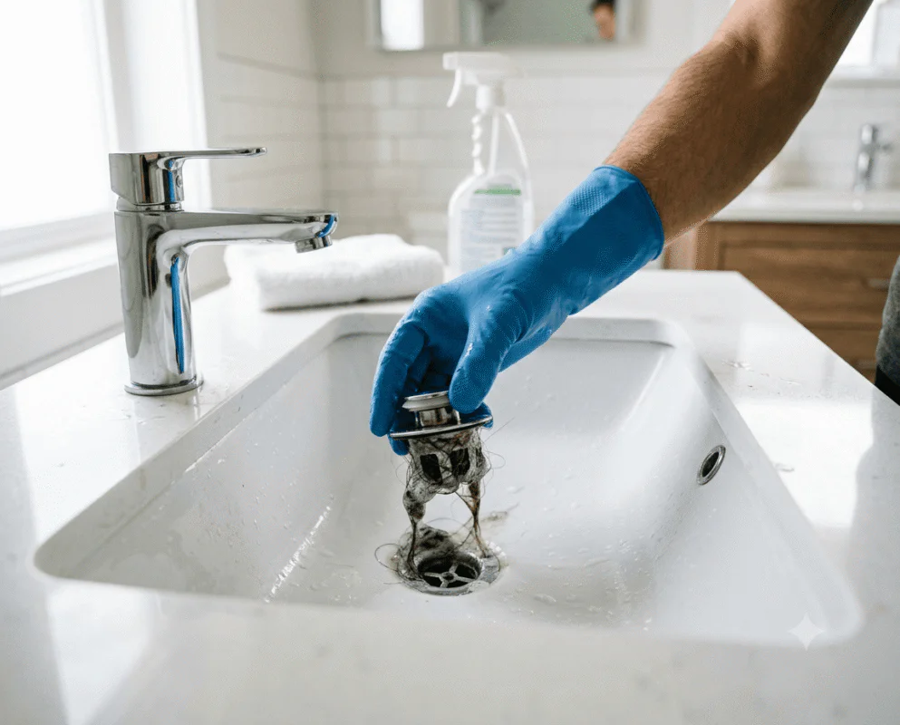 Person wearing a blue glove pulls a sink drain cleanout from a white kitchen sink with a chrome faucet nearby.
