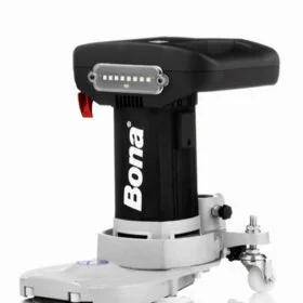 Bona floor buffer/polisher with black handle and gray base, shown in close-up.