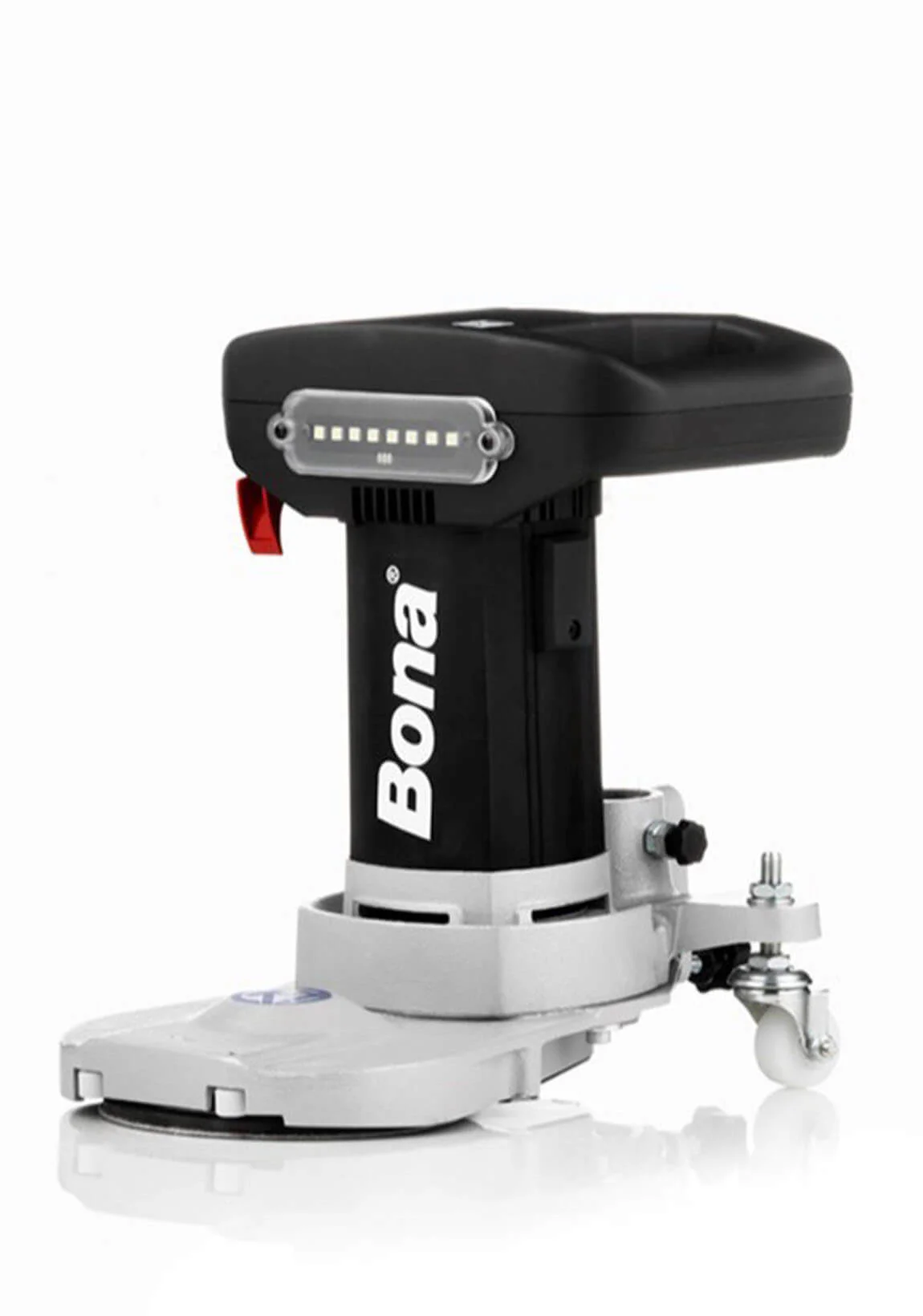 Bona floor buffer/polisher with black handle and gray base, shown in close-up.