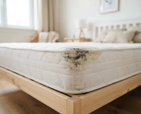 Edge of a white mattress with black mold stains on a wooden bed frame in a bright bedroom.