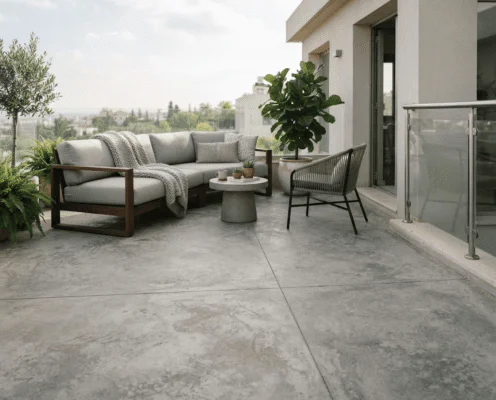 Modern rooftop terrace with a gray sectional sofa, knitted throw, round coffee table, black metal chair, potted plants, glass railing, and a city view.