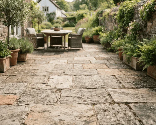 Stone-paved courtyard with a round wooden table and wicker chairs, surrounded by potted plants and greenery.