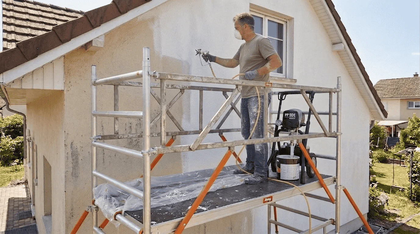 Worker wearing a mask and gloves on scaffold spraying the exterior stucco wall of a house with a paint sprayer, hoses visible.