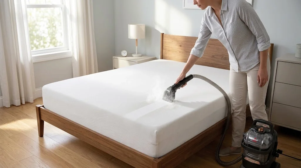 Person using a handheld steam cleaner to sanitize a bed mattress in a bright bedroom.