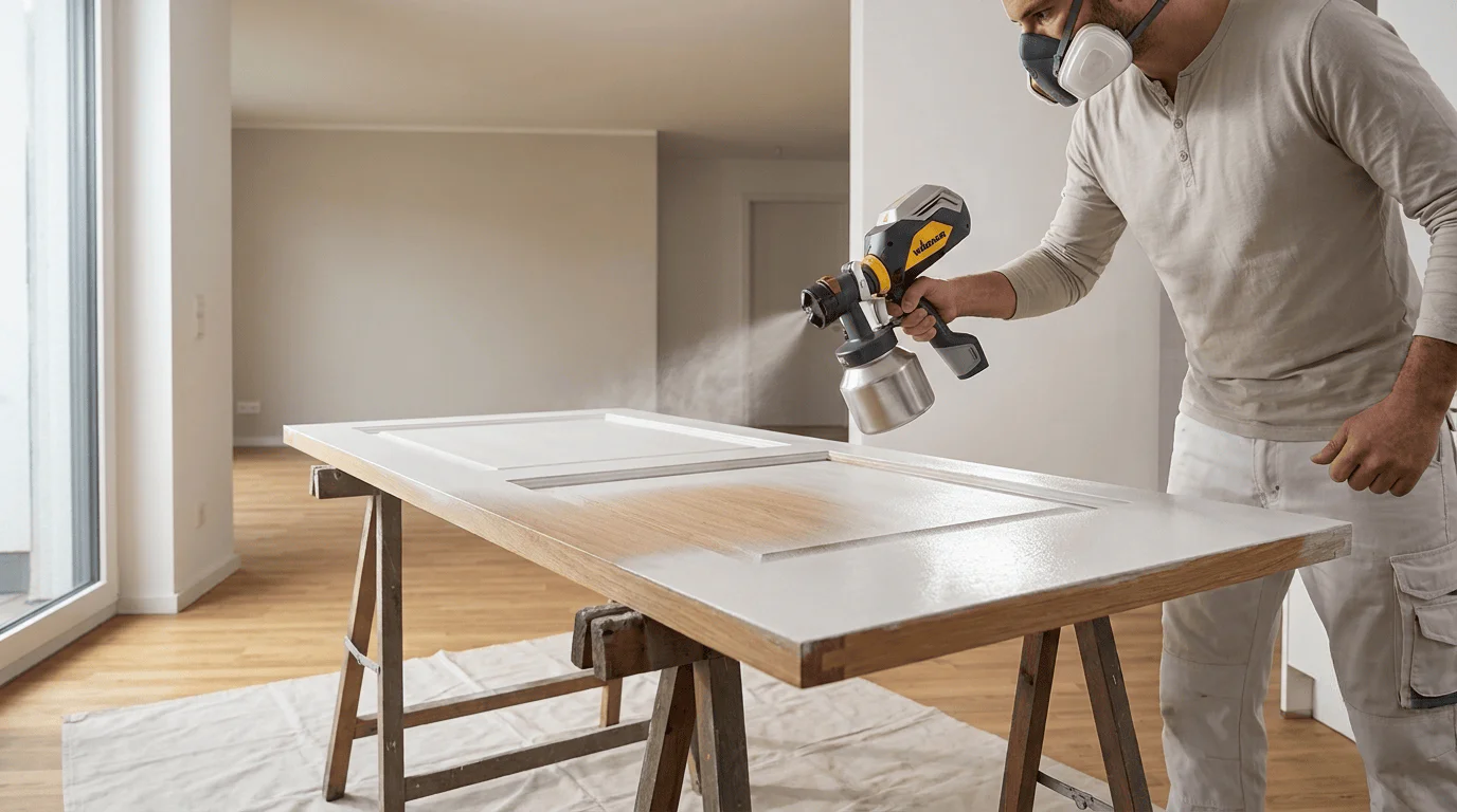 Person wearing a respirator mask spray-paints a white cabinet door laid on a worktable in a bright, unfinished room.