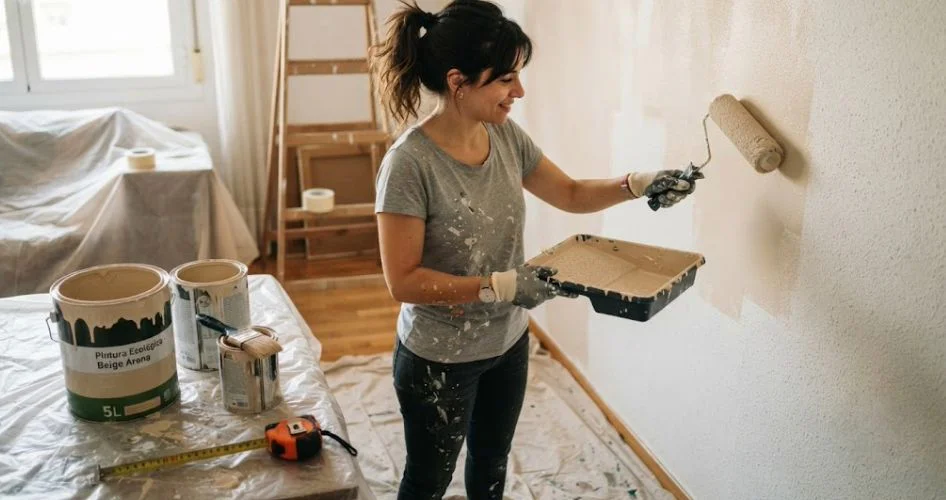 Woman roller-painting a wall in a room, holding a paint tray and wearing gloves.