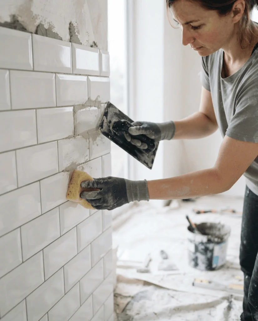 Rejuntando los azulejos de una pared.
