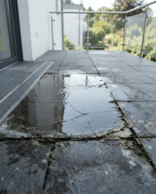 Terraza con grietas, juntas deterioradas y agua estancada.