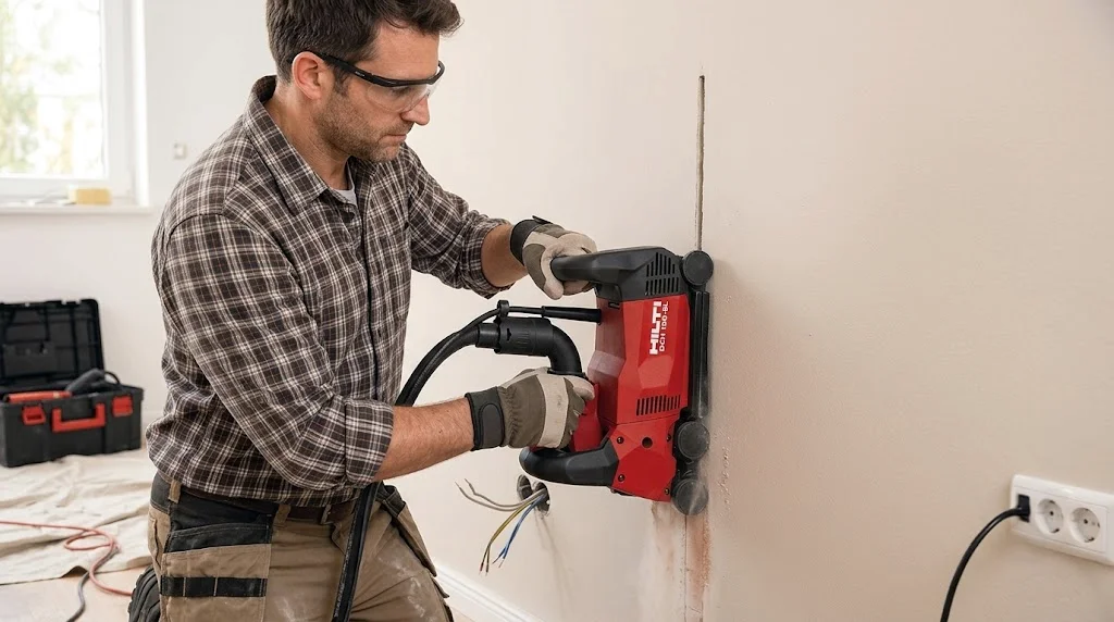 Worker in safety goggles and gloves uses a red Hilti rotary hammer to drill into a drywall wall during renovation.