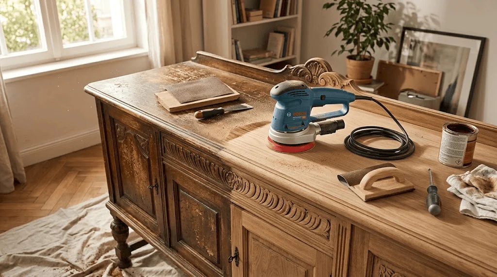 Antique wooden sideboard in a bright workshop with a blue Bosch orbital sander on top and various tools nearby, including a paint can and cloths.